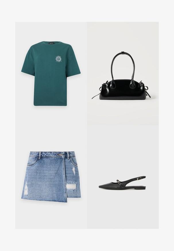 Teal short-sleeve t-shirt with a small white sun and moon graphic on the left chest and a crew neckline.; Denim mini skirt in light blue with faded areas and distressed details. Features a front button closure and traditional five-pocket design.; Black leather slingback shoes with a pointed toe, featuring a narrow strap and a silver buckle accent on the side. Flat sole.; Small black glossy handbag with two long handles and side drawstring details on a plain light background.