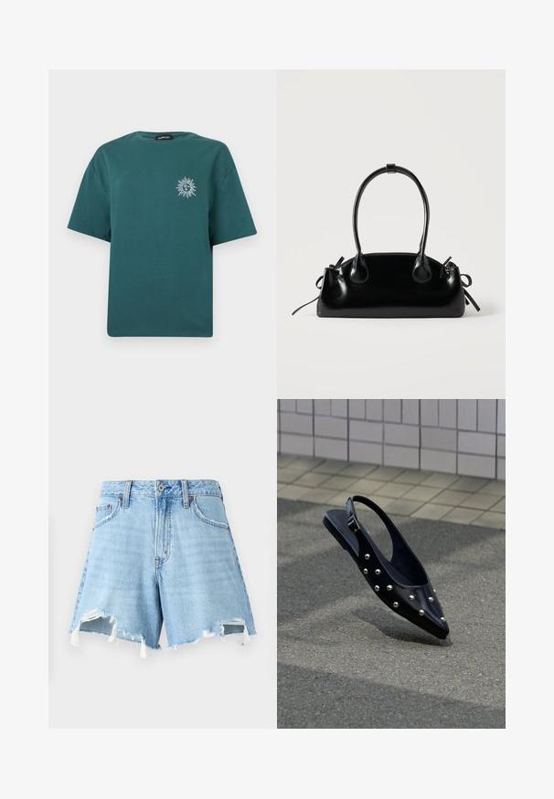 Korte mouw t-shirt in teal met een kleine witte zon en maan afbeelding op de linkerborst en een ronde hals.; Lichtblauwe denim shorts met een hoge taille, rafelige zoom en twee voorkatoen. Verzachte textuur met vervaging en ruwe randen.; Zwarte puntige slingback schoen met zilveren studs, zwevend boven asfalt bij een achtergrond van betegelde muur.; Kleine zwarte glanzende handtas met twee lange hengsels en zijkant trekkoord details op een effen lichte achtergrond.