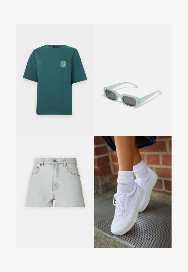 Korte mouw t-shirt in teal met een kleine witte zon en maan afbeelding op de linkerborst en een ronde hals.; Lichtblauwe denim shorts met een hoge taille, franjes aan de onderkant en een vijf-pocket ontwerp. Voorzien van een knoop- en ritsluiting.; Witte canvas sneakers met rubberen zolen, voorzien van zes vetertjes, een ronde neus en lichte stikdetails, gecombineerd met witte enkelsokken.; Een paar rechthoekige zonnebrillen met lichtblauwe doorzichtige monturen en donkergrijze glazen, met rechte pootjes en minimale hardwaredetails.