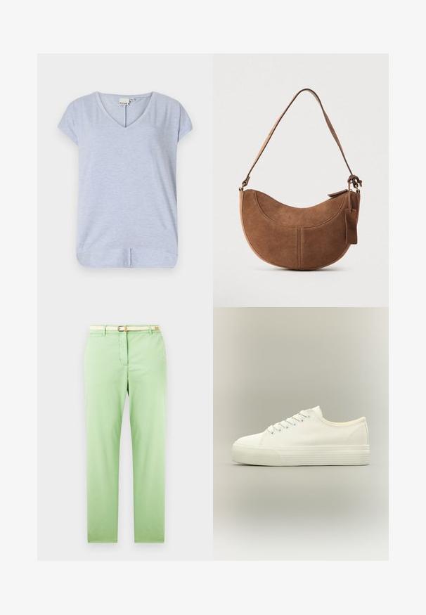 Top de color azul claro, de manga corta y cuello en V, hecho de una tela suave, con un dobladillo ligeramente curvado y una pequeña abertura lateral para facilitar el movimiento.; Pantalones de algodón verde claro con un corte recto, que cuentan con un cinturón tejido beige, un bolsillo delantero y sin patrones visibles ni embellishments.; Zapatilla blanca de lona de perfil bajo con cierre de cordones en la parte delantera y suela gruesa de goma texturizada sobre fondo neutro.; Bolso de ante marrón con forma curva de media luna. Cuenta con una correa para el hombro, una pequeña etiqueta y costuras visibles a lo largo de los bordes.