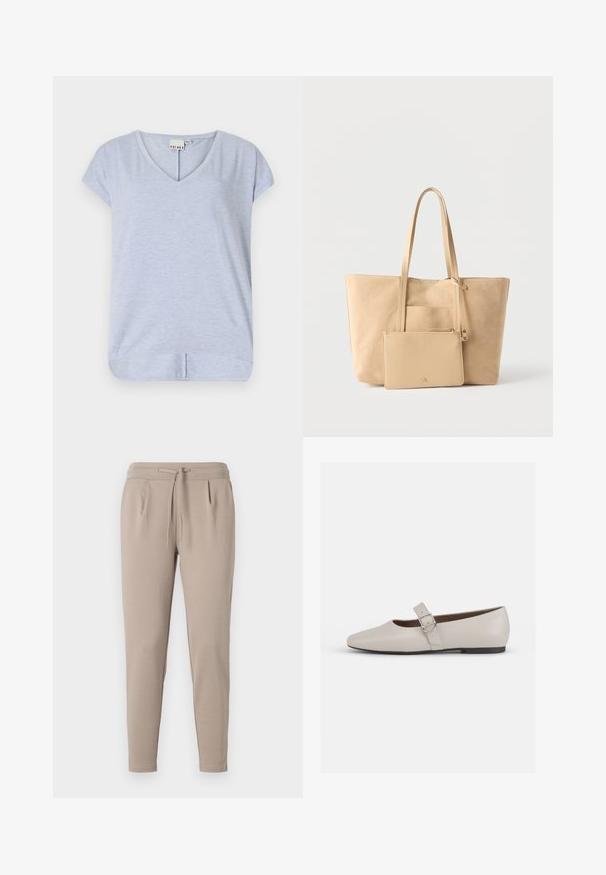 Lichtblauw T-shirt met korte mouwen en V-hals, gemaakt van een zachte stof, met een licht gebogen zoom en een kleine zijsplit voor meer bewegingsvrijheid.; Beige jogger broek gemaakt van zachte stof, met een elastische tailleband en trekkoord, en zijzakken. Tapered leg ontwerp.; Beige leren Mary Jane flats met een puntige neus, enkelbandje en een zilveren gesp detail, met een lage zwarte hak.; Beige suède totebag met lange handvatten en bijpassend ritsvakje, afgebeeld op een effen witte achtergrond.