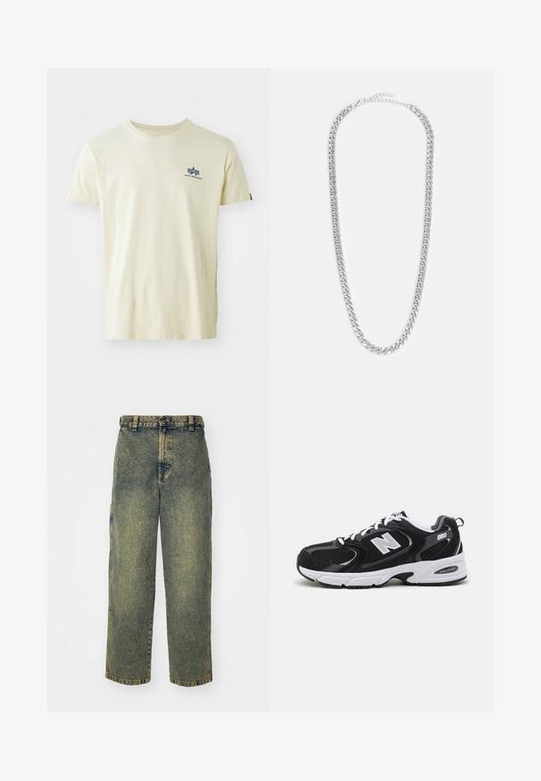 Beige T-shirt met korte mouwen en ronde hals met klein blauw Alpha Industries-logo op de linkerborst, bovenaan.; Baggy denim jeans in een vervaagde blauwe en groene was. Heeft een knoopsluiting, riemlussen en zijzakken. Vlakke voorkant en rechte pijpen.; Zwarte en grijze sport schoenen met een bovenwerk van mesh en suede, voorzien van een witte tussenzool, veters en een gedurfde "N"-logo aan de zijkant.; Zilveren metalen kettinghalsband met verweven schakels, een gladde textuur en een verstelbare sluiting voor het aanpassen van de lengte.