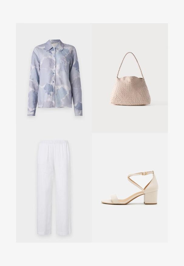 Hellblaue Button-up-Bluse aus weichem Material, mit einem wolkenartigen Muster, einem umgeschlagenen Kragen, langen Ärmeln und einer einzelnen Brusttasche.; ASPESI PANTALONE - Stoffhose - white; Beige Blockabsatzsandalen mit einem minimalistischen Design, offener Zehenpartie und verstellbarem Knöchelriemen mit einer goldenen Schnallenakzentuierung. Glatte Textur.; Beige gewebte Lederschultertasche mit abgerundeter Form und geflochtenem Griff, mit kleinem rundem Lederknopfverschluss.