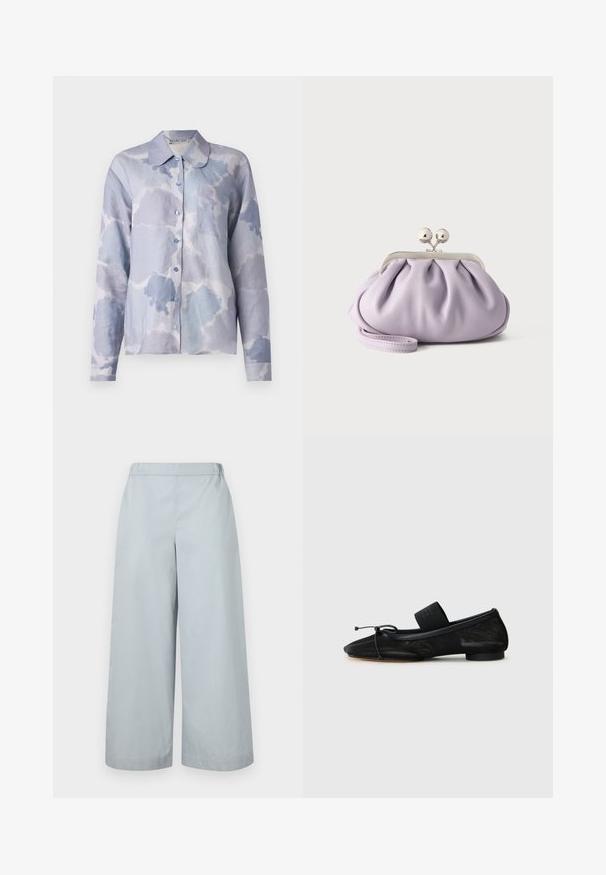 Lichtblauw overhemd van zachte stof, met een wolkachtig patroon, een opstaand kraag, lange mouwen en een enkel borstzakje.; MM by MaxMara ANTILLE - Broek - light blue; Zwarte platte schoen met een spitse neus, gemaakt van gestructureerde stof, met een strikaccent en een kleine, ronde hak. Elastische strap bij de enkel.; Zachte lavendelkleurige clutch met geplooide stof, zilveren kiss-lock sluiting en bijpassend polsbandje op een effen lichte achtergrond.