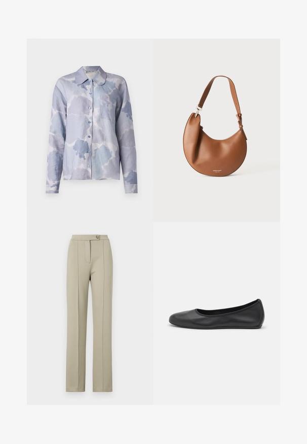 Hellblaue Button-up-Bluse aus weichem Material, mit einem wolkenartigen Muster, einem umgeschlagenen Kragen, langen Ärmeln und einer einzelnen Brusttasche.; Beige maßgeschneiderte Hose mit geradem Schnitt, ausgestattet mit einem Reißverschluss vorne, einem einzelnen Knopfverschluss und dezenten Bügelfalten entlang der Vorderbeine.; Schwarze Leder-Ballettschuhe mit abgerundeter Spitze, glatter Textur, minimalen Nähdetails und einem flexiblen Sohlen-Design.; Braune Lederschultertasche in Halbmondform mit verstellbarem Riemen und kleinem silbernem Logo-Schriftzug unten in der Mitte.
