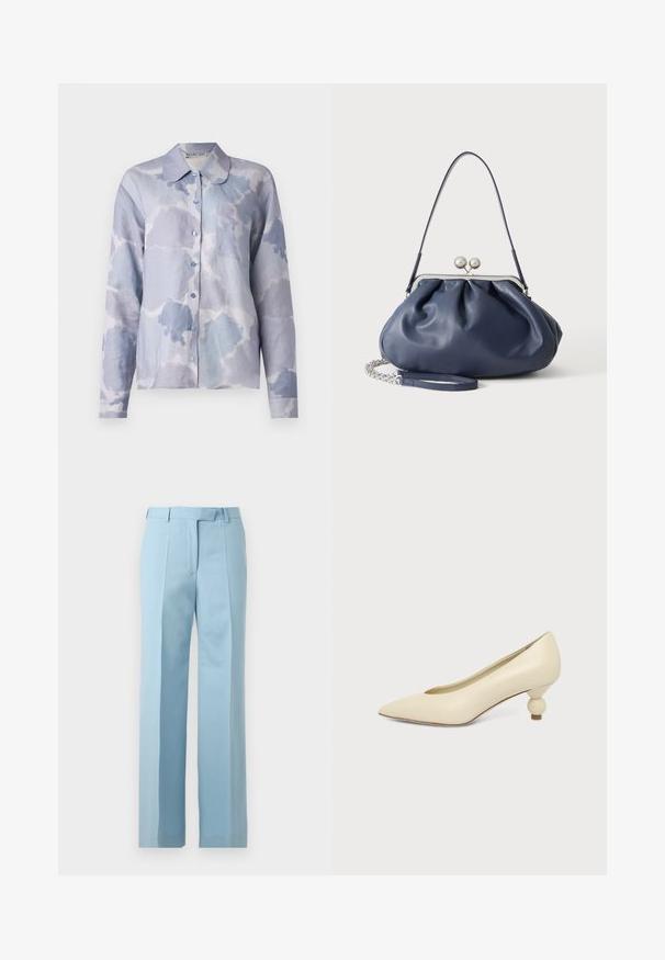 Hellblaue Button-up-Bluse aus weichem Material, mit einem wolkenartigen Muster, einem umgeschlagenen Kragen, langen Ärmeln und einer einzelnen Brusttasche.; Hellblaue, maßgeschneiderte Hose mit hoher Taille, Gürtelschlaufen, vorderen Falten und geradem Bein auf weißem Hintergrund.; Damenpumps in cremefarben mit spitz zulaufender Schuhspitze und niedrigem, kugelförmigem Absatz vor einfarbigem Hintergrund.; Weiche navyblaue Ledertasche mit silberner Verschlussklammer, einem einzelnen Schulterriemen und abnehmbarem Ketten-Handgelenksriemen auf weißem Hintergrund.