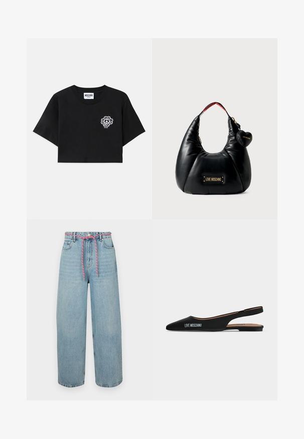 Camiseta negra recortada de algodón, con un gráfico de signo de paz floral en el área izquierda del pecho, con mangas cortas y escote redondo.; Vaqueros de denim azul claro de pierna ancha con una cintura alta, que presentan un cordón tejido rosa y cinco bolsillos. Textura auténticamente descolorida.; Zapato plano slingback negro punteado con tacón bajo y logo "LOVE MOSCHINO" en el lateral sobre un fondo claro liso.; Bolso de cuero sintético negro con forma curva, que presenta una placa de logo dorada y un charm en forma de corazón. La correa interior tiene un detalle de logo rojo.