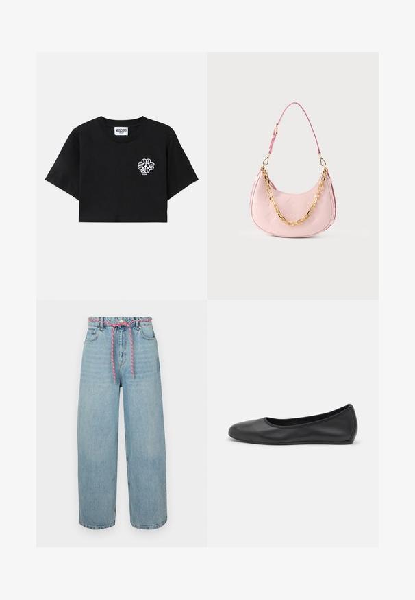 Sort crop-top i bomuld med et blomsterprint af fredstegn på venstre bryst, med korte ærmer og rund hals.; Lysblå denim brede bukser med høj talje, der har en pink vævet snor og fem lommer. Autentisk falmet tekstur.; Sort læderballetsko med rund tå, glat tekstur, minimal syning og et fleksibelt såldesign.; Lyserød håndtaske i halvmåneform med præget logomønster, justerbar rem og dekorativ guldkæde på ensfarvet baggrund.