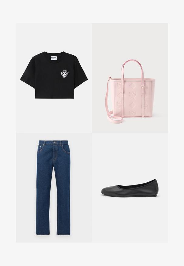 Camiseta negra recortada de algodón, con un gráfico de signo de paz floral en el área izquierda del pecho, con mangas cortas y escote redondo.; Jeans de denim oscuro rectos con bolsillos delanteros y traseros, trabillas para cinturón, cierre de botón y costuras naranjas visibles.; Bailarina de piel negra con punta redondeada, textura suave, detalle de costura minimalista y diseño de suela flexible.; Bolso tote de cuero rosa claro con logotipos MCM en relieve, dos asas superiores y una correa para el hombro desmontable sobre un fondo liso.