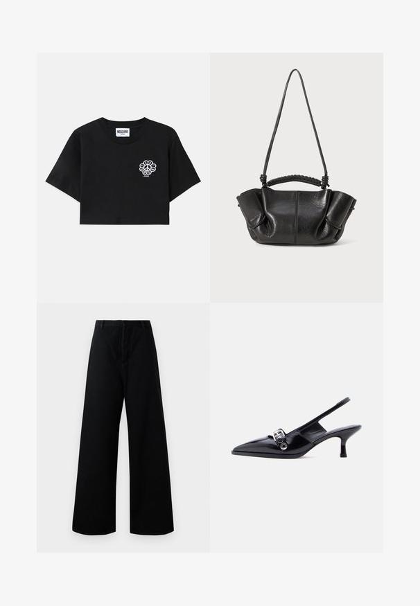 Sort crop-top i bomuld med et blomsterprint af fredstegn på venstre bryst, med korte ærmer og rund hals.; Sorte breddebenede bukser lavet af bomuld, med høj talje, forlommer og et rent, enkelt design med minimale syninger.; Sort laklæderslingbacksko med lille hæl, spids tå og sølvsfarvet spænde på ensartet hvid baggrund.; Sort lædertaske med en struktureret overflade, bløde folder, dobbelte stropper og vævet detalje på håndtaget. Kompakt, med en åben-top design.