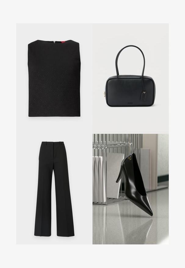 Sort ærmeløs top med et struktureret mønster, firkantet halsudskæring og en lynlås i ryggen. Har logo-detaljer subtilt vævet ind i stoffet.; Sorte buks med vide ben og skræddersyet design, der har en glat tekstur og subtile plisseringer foran. Ingen synlige detaljer eller mønstre.; Sort højhælet sko med spids tå og guldlogo, placeret på en reflekterende overflade nær en krom trådfilholder med dokumenter.; Sort rektangulær håndtaske med dobbelte runde håndtag, gylden lynlås og præget "HUGO"-logo foran med fastgjort lædermærke.