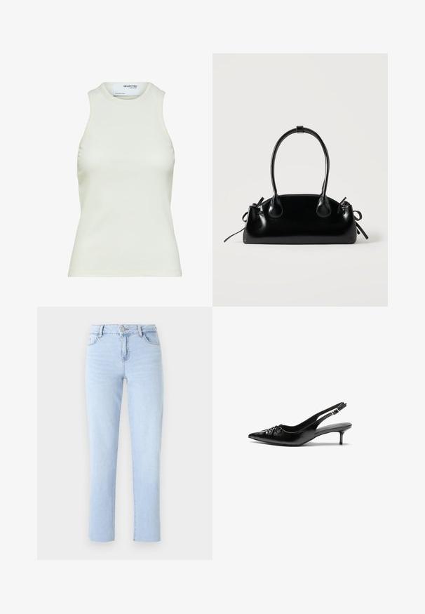 Ærmeløs hvid ribbet tanktop med rund halsudskæring fra Selected Femme, viser frontvisning uden mønstre eller dekorationer.; Lyseblå lige ben jeans lavet af denim, med en standard talje, fem lommer og subtile sømdetaljer.; Sorte læder slingback-pumps med spids tå, lav kitten-hæl og rynket detalje på overdelen. Glat tekstur og minimalistisk design.; Lille sort blank håndtaske med to lange håndtag og snøre-detaljer i siden på en ensfarvet lys baggrund.
