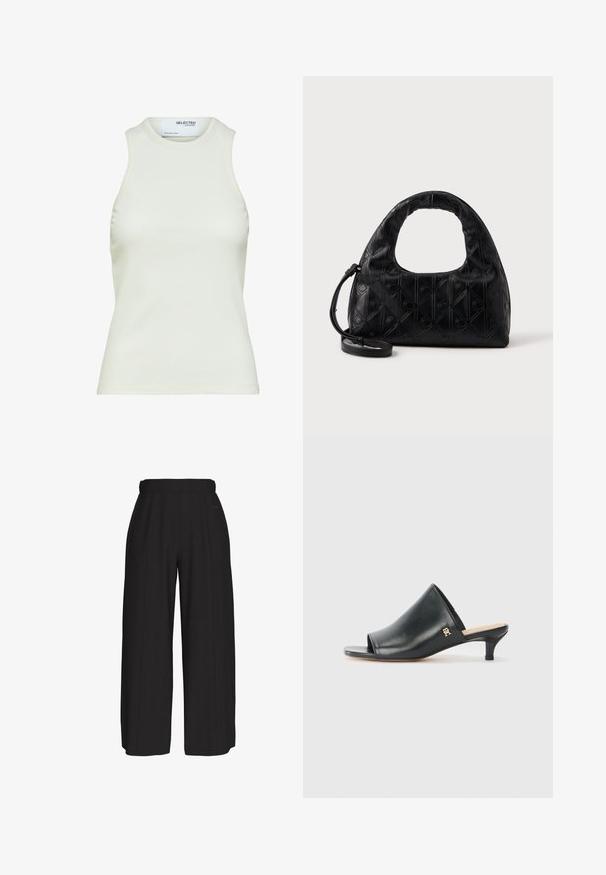 Ærmeløs hvid ribbet tanktop med rund halsudskæring fra Selected Femme, viser frontvisning uden mønstre eller dekorationer.; Sorte bukser med høj talje og vide ben, med en ren front og subtile sømdetaljer, lavet af et glat stof.; Sorte læder open-toe mules med en lav hæl. Har en glat overflade og et guld logo-prim på siden.; Sort læderhåndtaske med et buet topgreb, subtil diamantmønster og en aftagelig rem. Teksturen er glat med prægede detaljer.