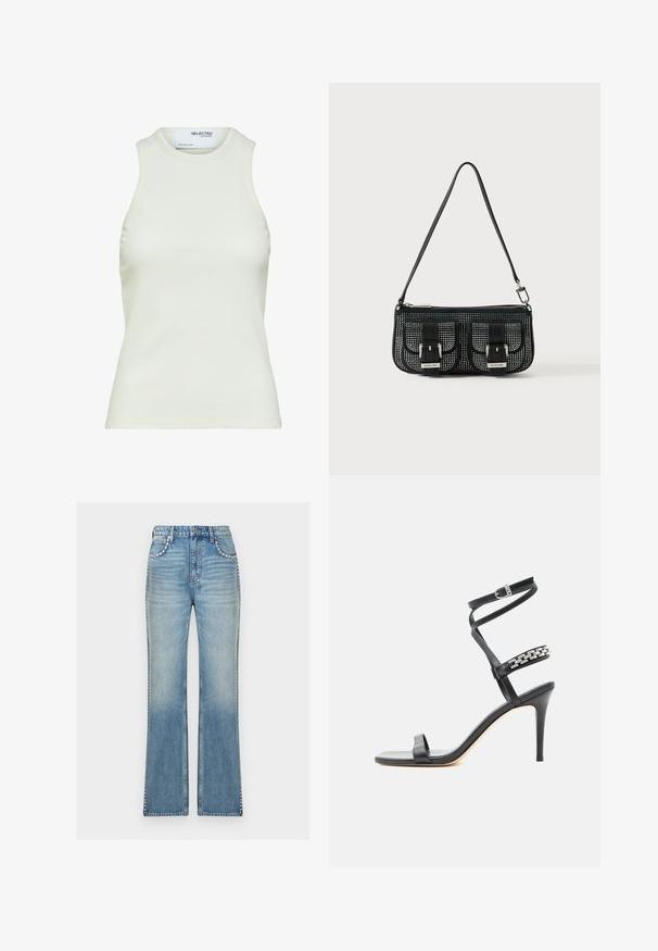 Ærmeløs hvid ribbet tanktop med rund halsudskæring fra Selected Femme, viser frontvisning uden mønstre eller dekorationer.; Lyseblå denimjeans med høj talje, lige ben og sølvnitter langs lommekanter og ydre sømme.; Sort højhælet sandal med tynd ankelrem, midtfodsrem dekoreret med sølvkædeled og åben tå-design.; Sort struktureret håndtaske med perforeret design, der har to frontlommer med spænder, sølvhardware og en aftagelig rem.