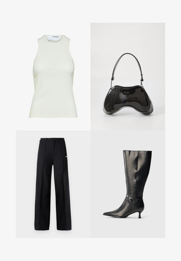 Camiseta sin mangas blanca acanalada con escote redondo de Selected Femme, mostrando vista frontal sin patrones ni decoraciones.; Pantalones de pierna ancha de color negro, confeccionados con una tela suave, que presentan pliegues y un pequeño detalle de logo. Diseñados con una cintura de altura media.; Bota negra de cuero hasta la rodilla, con punta afilada y tacón bajo tipo kitten, mostrada sobre un fondo claro y sencillo.; Bolso de mano de piel sintética negra con un diseño curvado único, asas cortas y ajustables, y abertura con cremallera en la parte superior. Textura suave con una sutil marca.