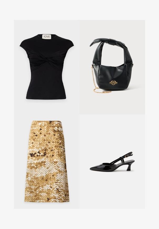 Schwarzes, kurzärmliges Oberteil mit gedrehtem Vorderteil und taillierter Silhouette. Hergestellt aus einem glatten Stretchstoff. Marke: TOVE.; Gold- und beigefarbener Pailletten-Midirock mit schuppenartigem Muster und leichter A-Linien-Form auf einfarbig hellem Hintergrund.; Schwarzer Slingback-Pumps aus Lackleder mit spitzer Spitze und verstellbarem goldfarbenem Riemen auf weißem Hintergrund.; Schwarze weiche Lederhandtasche von Love Moschino mit geknotetem Griff und goldenem Kettenriemen auf weißem Hintergrund.