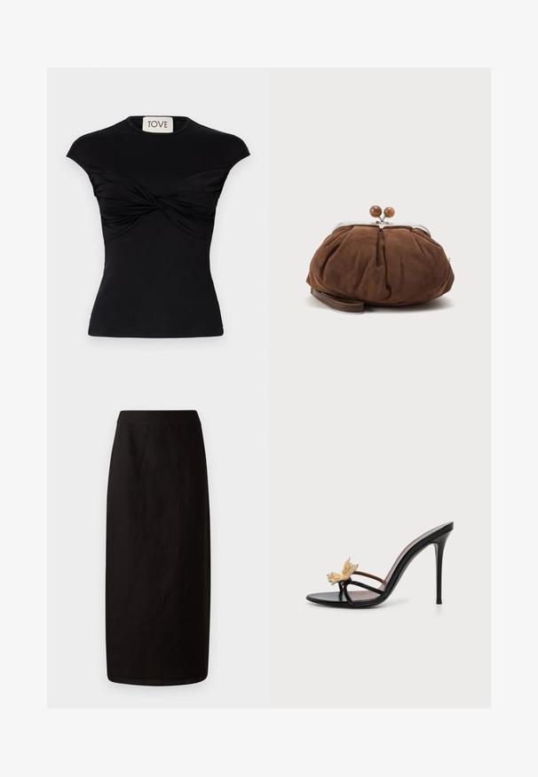 Schwarzes, kurzärmliges Oberteil mit gedrehtem Vorderteil und taillierter Silhouette. Hergestellt aus einem glatten Stretchstoff. Marke: TOVE.; Schwarzer Midi-Rock aus leichtem Stoff. Hat eine gerade Silhouette, eine glatte Textur und einen einfachen Bund ohne Verzierungen.; Schwarze hochhackige Sandale mit dünnen Riemchen und einer goldenen Schmetterlingsverzierung auf dem vorderen Riemen vor weißem Hintergrund.; Weiche braune Wildleder-Handgelenktasche mit silbernem Metallrahmen und runden braunen Verschlusskugeln auf schlichtem hellem Hintergrund.