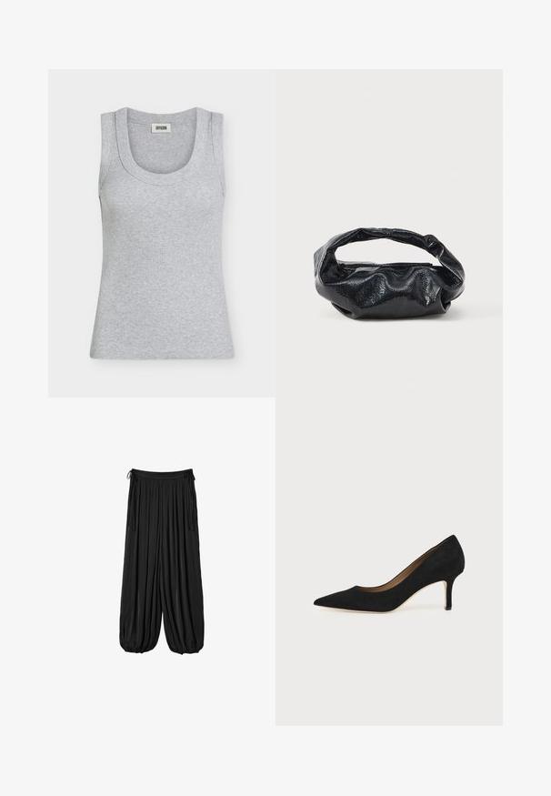Débardeur gris côtelé sans manches avec un col rond et une petite étiquette à l’intérieur du dos indiquant "DRYKORN".; Pantalon noir ample avec poignets élastiques froncés et liens à la taille, en tissu léger et fluide.; Escarpin en daim noir à bout pointu avec un talon stiletto fin de hauteur moyenne et un design à coupe basse sur un fond uni.; Sac noir en matériau texturé et brillant avec une poignée circulaire torsadée et une fermeture éclair. Présente un design doux et froissé.