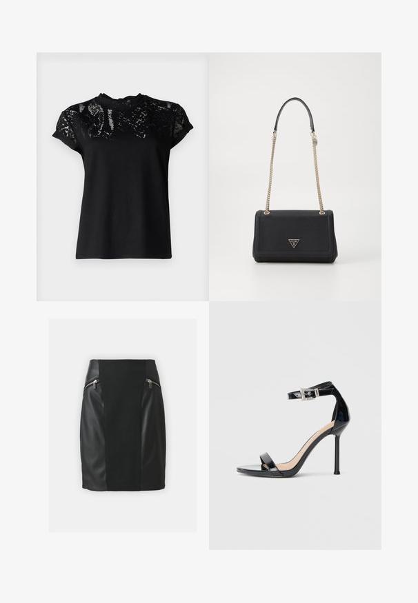 AllSaints ANNA SNAKE TEE - T-shirt print - black; Zwarte rok met een mix van leer en stof. Bevat twee met rits gesloten zakken aan de zijkanten, een aansluitend ontwerp en een rechte snit.; Zwarte sandalen met hoge hak van lakleer en een enkelriempje. Heeft een minimalistisch ontwerp, open teen en een gesp met strass-steentjes.; Zwarte handtas van imitatieleren met een flapontwerp, gouden kettingriem en driehoekige logo-accent. Soepele textuur met een gestructureerde vorm.