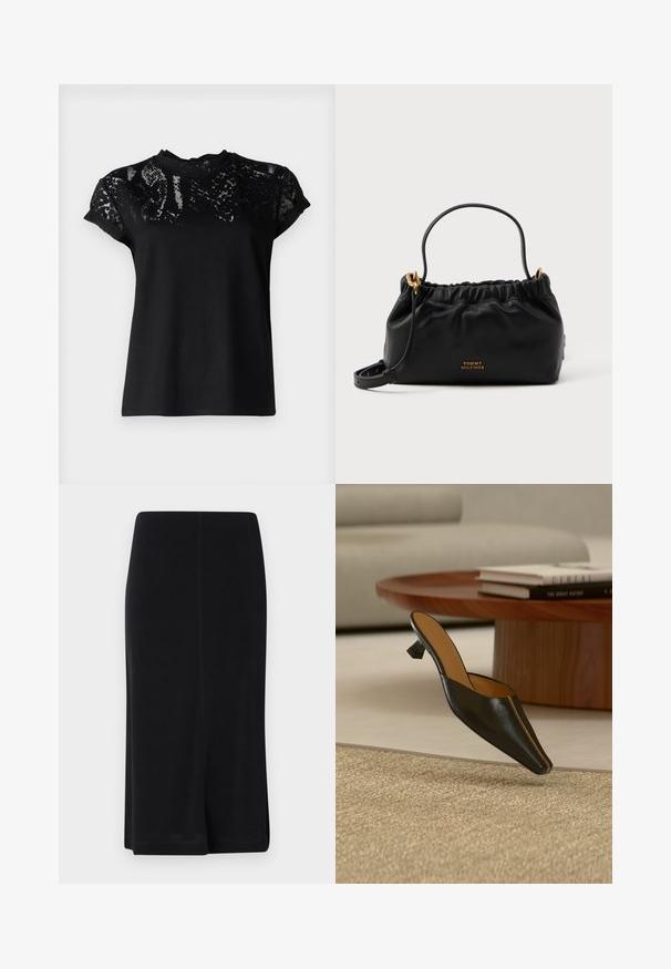 AllSaints ANNA SNAKE TEE - T-shirts print - black; Sort knælang nederdel lavet af glat materiale, med en lige silhuet, enkelt design og sideskår for nem bevægelse.; Sort lædermule med lav geometrisk hæl på et beige tæppe, nær et rundt træ-sofabord med stabler af bøger.; Sort lædertaske med samlet top, en kort hank og en aftagelig skulderrem. Funktionen inkluderer guldlogo accenter og en glat tekstur.