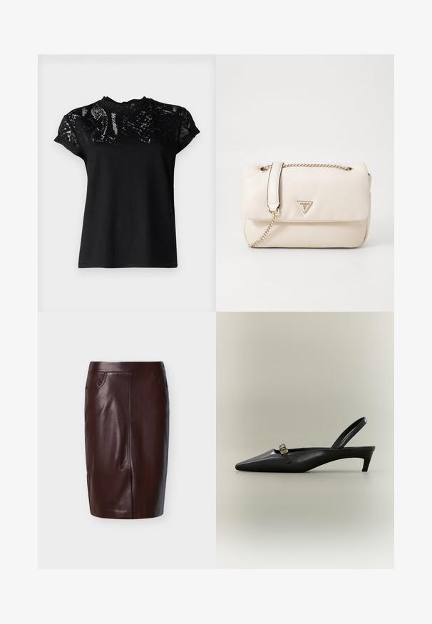 AllSaints ANNA SNAKE TEE - T-Shirt print - black; Brauner Leder-Bleistiftrock mit glatter Textur, zwei seitlichen Taschen und vorderer Nahtdetailierung, entworfen für eine schlanke Passform.; Schwarzer Slingback-Kitten-Heel aus Leder mit spitz zulaufender Zehenpartie und kleiner goldfarbener Schnalle auf einfarbigem Hintergrund.; Beige Handtasche aus Kunstleder mit goldener Kettenriemen und Plakettenlogo. Verfügt über einen Klappdeckel und eine glatte Textur mit minimalistischem Design.