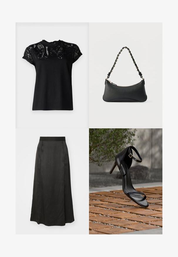 AllSaints ANNA SNAKE TEE - T-shirts print - black; Sort satin maxiskirt med en glat tekstur, elastisk talje og sidesømme. Gulvlængde designet forbedrer flowet og draperingen.; Sort højhælet sandal med ankelsnor, der ser ud til at svæve over et trægulv udendørs med sløret grønt og sten i baggrunden.; Sort skuldertaske i læder med en buet rektangulær form, gyldent kæde vævet ind i en flettet sort rem og toplynlås.