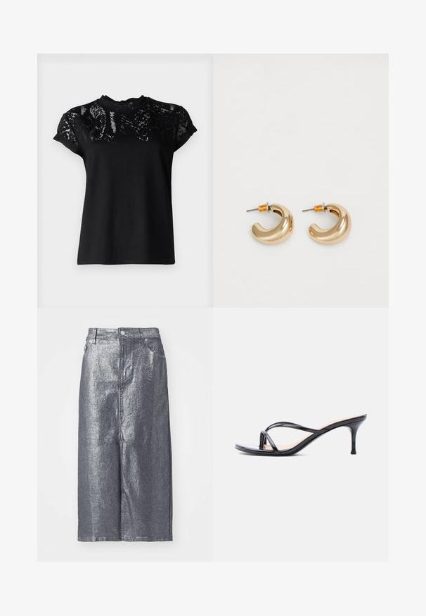 AllSaints ANNA SNAKE TEE - T-shirts print - black; Sølvmetallic denimnederdel, knælængde, med struktureret form, frontknaplukning og bæltestropper. Glat tekstur med minimalistisk design.; Sort laklædersandal med hæl, tynde krydsede remme og en slank mellemhøj stilethæl på en hvid baggrund.; To skinnende guldøreringe i et buet design med orange accenter nær stikket, sat mod en enkel hvid baggrund.