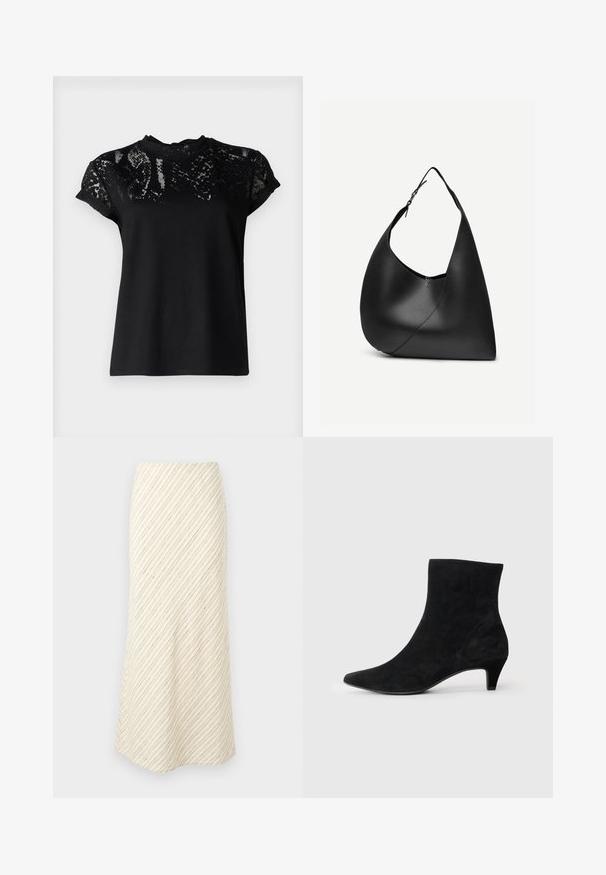 AllSaints ANNA SNAKE TEE - T-Shirt print - black; Midi-Rock in Cremefarbe mit diagonalem Streifenmuster in Braun. Verfügt über einen taillierten Bund und einen weichen Stoff mit glatter Textur.; Schwarze Wildleder-Stiefelette mit spitzer Zehe, niedrigem Absatz und glatter Textur. Sie verfügt über ein minimalistisches Design und keine sichtbaren Beschläge.; Schwarze Leder-Schultertasche mit geschwungener dreieckiger Form, einem verstellbaren Einzelriemen und sichtbarer diagonaler Naht auf der Vorderseite.