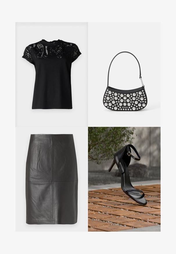AllSaints ANNA SNAKE TEE - T-Shirt print - black; Schwarzer Lederrock mit glatter Textur, vertikalen Nähten und geradem Schnitt. Keine sichtbaren Beschläge oder Akzente.; Schwarze Sandalette mit hohem Absatz und Knöchelriemen schwebt über einem Holzboden im Freien vor verschwommenem Grün und Steinhintergrund.; Schwarze Lederhandtasche mit geschwungener Form, verziert mit silbernen Nieten in verschiedenen Größen und einem kurzen Tragegurt. "HUGO"-Logo auf der Vorderseite aufgedruckt.