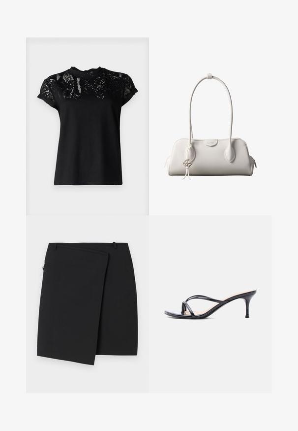 AllSaints ANNA SNAKE TEE - T-shirts print - black; Sort omslag nederdel med en glat tekstur, der har en lynlås i siden og to bæltestropper. Simpelt design uden synlige mønstre eller detaljer.; Sort laklædersandal med hæl, tynde krydsede remme og en slank mellemhøj stilethæl på en hvid baggrund.; Hvid Calvin Klein skuldertaske med lange håndtag, rektangulær form, lynlåslukning og dekorativt logohæng tæt på håndtaget.