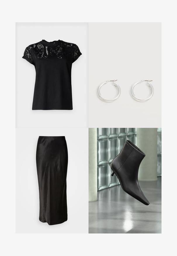 AllSaints ANNA SNAKE TEE - T-shirts print - black; Sorte satin nederdel med en glat tekstur. Gulvlængde design med en tætsiddende talje og en let flare ved kanten. Ingen synlige mønstre eller metaldele.; Sort læderankelstøvle med spids tå og lille hæl vist mod en væg af glasblokke og poleret gulv baggrund.; Par mellemstore skinnende sølv hoops øreringe med tynde metal spænder på en lys neutral baggrund.