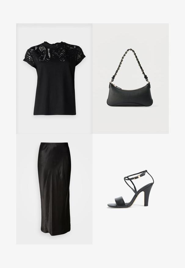 AllSaints ANNA SNAKE TEE - T-shirt print - black; Zwarte satijnen rok met een gladde textuur. Vloerlange uitvoering met een strakke taille en een lichte flare aan de zoom. Geen zichtbare patronen of hardware.; Zwarte high-heeled sandaal met dunne enkelband, gouden gesp, open teen en blokhak, gezien van opzij tegen een witte achtergrond.; Zwarte lederen schoudertas met een gebogen rechthoekige vorm, gouden ketting verweven in een gevlochten zwarte band, en een ritssluiting bovenop.