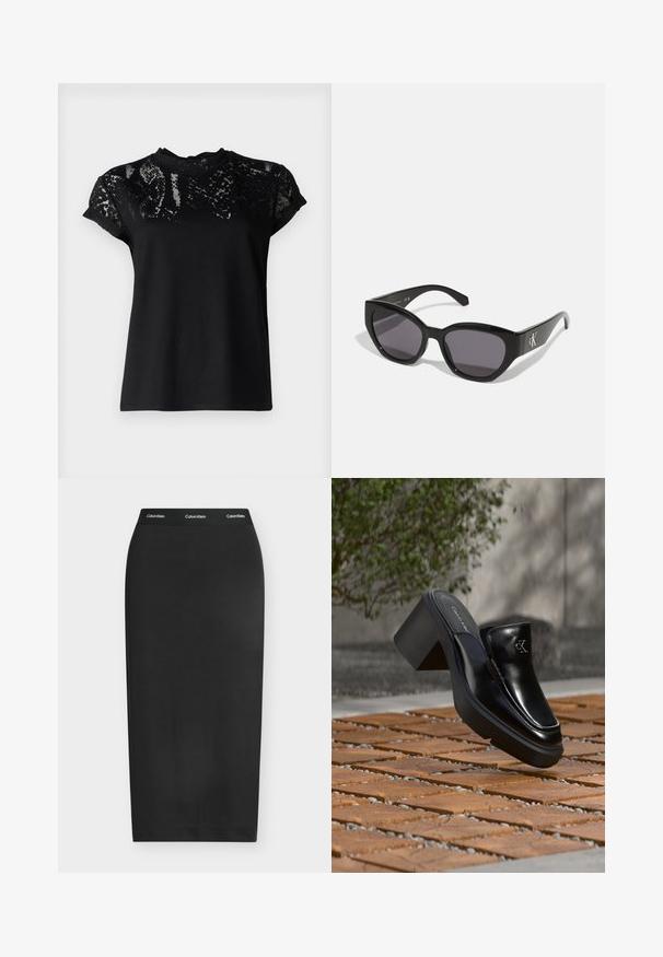 AllSaints ANNA SNAKE TEE - T-shirt print - black; Zwarte kokerrok tot op de kuit met elastische tailleband met witte Calvin Klein-logo's.; Zwarte leren Calvin Klein slip-on mule met blokhak rustend op houten tegels buiten, vlak bij een groene plant en een grijze muur.; Zwarte zonnebril met een strak, hoekig ontwerp, donkere lenzen en een contrasterend zilveren logo aan de zijkant. Glad kunststof oppervlak.