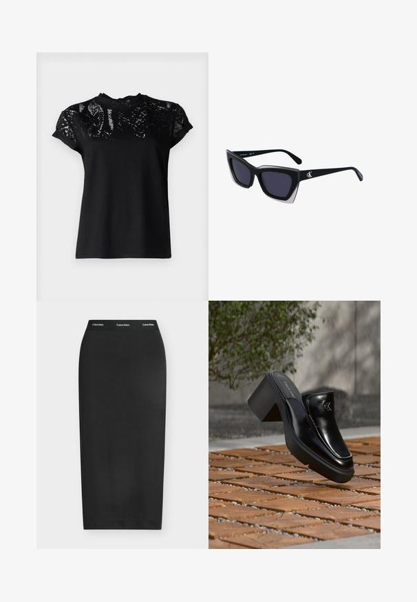 AllSaints ANNA SNAKE TEE - T-Shirt print - black; Schwarzer Bleistiftrock in Wadenlänge mit elastischem Bund, der weiße Calvin Klein-Logos zeigt.; Schwarze Leder-Slip-on-Mule von Calvin Klein mit Blockabsatz, die auf Holzfliesen im Freien nahe einer grünen Pflanze und einer grauen Wand ruht.; Schwarze übergroße Sonnenbrille mit geometrischer Form, ausgestattet mit dunklen Gläsern und einem kontrastierenden grauen Detail im Rahmen. Logo am Bügel.