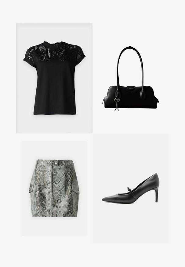 AllSaints ANNA SNAKE TEE - T-Shirt print - black; Minirock im Grauen mit Schlangenledermuster und Reißverschluss vorne, ausgestattet mit Cargo-Taschen an den Seiten und einer glatten Textur.; Schwarzer Leder-Pumps mit spitzer Zehenpartie, dünnem Riemen und Schnalle über dem Spann, stehend auf hellem neutralem Hintergrund.; Schwarze Lederhandtasche von Calvin Klein mit langen Henkeln, einem vorderen Logo-Tag und einem silbernen geometrischen Anhänger, der an einem Henkel hängt.