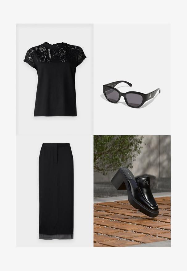 AllSaints ANNA SNAKE TEE - T-shirt print - black; Zwarte lange rok van gladde stof. Heeft een rechte silhoeet met een subtiele doorschijnende zoom, een op maat gemaakte tailleband en een split aan de achterkant.; Zwarte leren Calvin Klein slip-on mule met blokhak rustend op houten tegels buiten, vlak bij een groene plant en een grijze muur.; Zwarte zonnebril met een strak, hoekig ontwerp, donkere lenzen en een contrasterend zilveren logo aan de zijkant. Glad kunststof oppervlak.