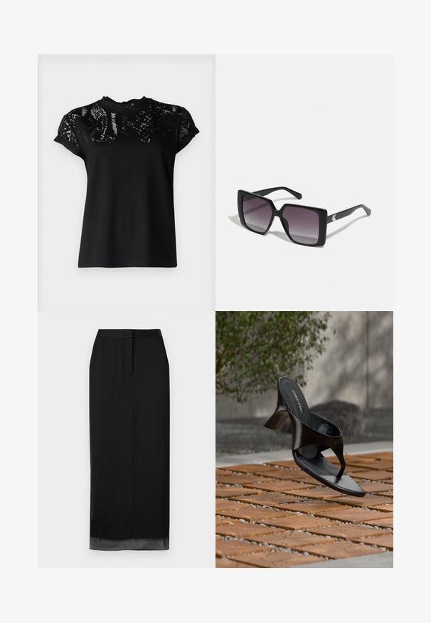 AllSaints ANNA SNAKE TEE - T-Shirt print - black; Schwarze lange Skirt aus glattem Stoff. Verfügt über eine gerade Silhouette mit einem subtilen transparenten Saum, einem taillierten Hüftbund und einem Rückenschlitz.; Schwarze Calvin Klein Riemchensandale mit Absatz, schwebend über einer gefliesten Außenfläche mit Grünpflanzen und einer Betonwand im Hintergrund.; Schwarze quadratische Sonnenbrillen mit grauen Verlaufslinsen. Glänzende Rahmen mit klaren Linien. Silbernes Logo-Detail an den Schläfen.