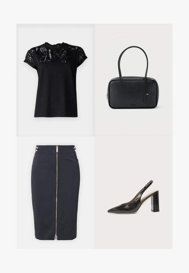 AllSaints ANNA SNAKE TEE - T-Shirt print - black; Marineblauer Bleistiftrock aus glattem Stoff mit einem Frontreißverschluss, der metallische Akzente am Bund und eine schmale, taillierte Silhouette aufweist.; Schwarzer Leder-Slingback-Schuh mit spitzer Kappe, hohem Blockabsatz und beigegefüttertem Innenraum vor hellem, einfarbigem Hintergrund.; Schwarze rechteckige Handtasche mit doppelten, abgerundeten Griffen, goldfarbenem Reißverschluss und geprägtem „HUGO“-Logo auf der Vorderseite sowie angebrachtem Lederanhänger.