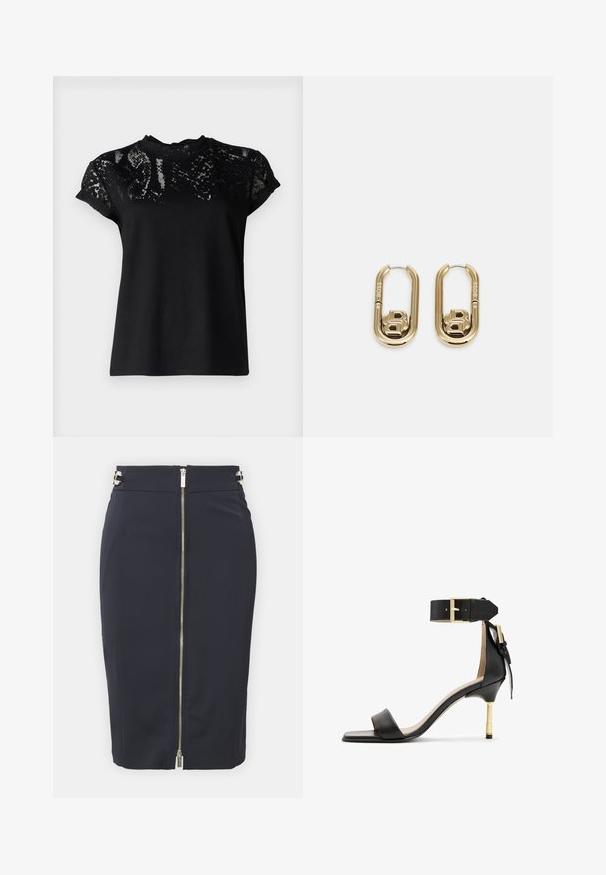 AllSaints ANNA SNAKE TEE - T-shirts print - black; Marinblå blyantskørt i et glat materiale med en lynlås foran, prydet med metalliske detaljer i taljen og en slank, tætsiddende silhuet.; Sort læder hæl sandal med firkantet tå, ankelrem med en guldbuckle og en slank metallisk hæl. Glat tekstur, minimalistisk design.; BOSS DOUBLE B SWING - Øreringe - gold-coloured