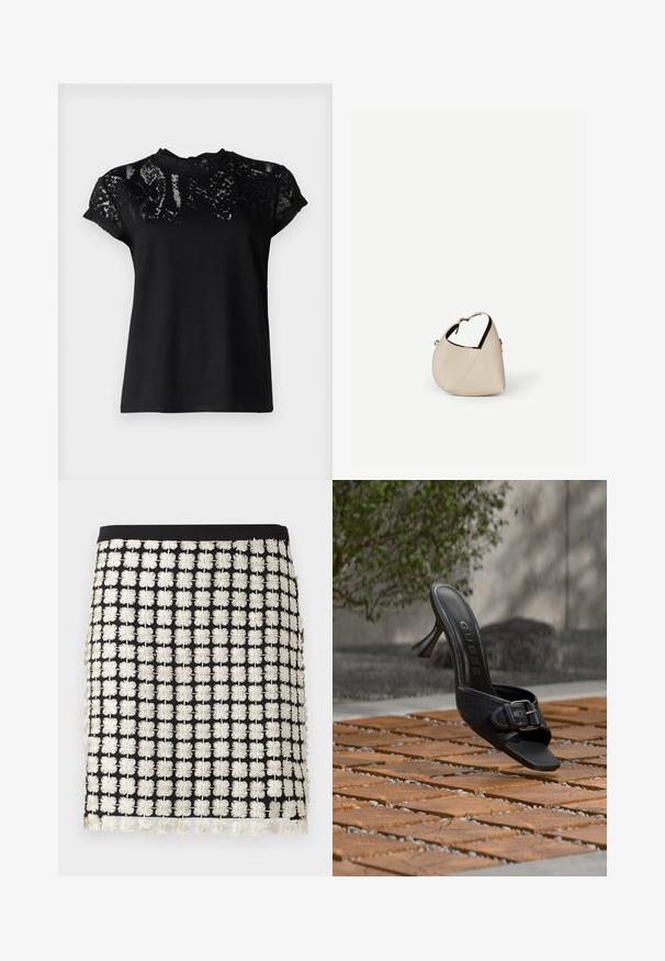 AllSaints ANNA SNAKE TEE - T-shirts print - black; Sort nederdel med ternet mønster af hvide broderede blomster og en ensfarvet sort linning, let bølget kant.; Sort højhælet mule med spænde detalje, "GUESS" logo på indersålen, svæver over trægulv udendørs med sløret grønt baggrund.; Beige læder håndtaske i halvmåneform med en enkelt skulderrem og minimal syning, sat mod en ensartet hvid baggrund.