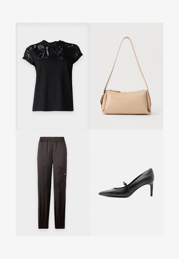 AllSaints ANNA SNAKE TEE - T-Shirt print - black; Schwarze Sporthosen aus glattem Stoff, mit elastischem Bund, schmal zulaufenden Beinen und seitlichen Reißverschlusstaschen.; Schwarzer Leder-Pumps mit spitzer Zehenpartie, dünnem Riemen und Schnalle über dem Spann, stehend auf hellem neutralem Hintergrund.; Beige rechteckige Umhängetasche mit langem Riemen, Reißverschlussverschluss und minimalistischem Design auf einfarbigem Hintergrund.