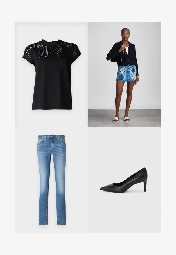 AllSaints ANNA SNAKE TEE - T-Shirt print - black; Hellblaue Denimjeans mit schmaler Passform, ausgestattet mit einer mittelhohen Taille, fünf Taschen und dezenten Ausbleichungen an den Beinen. Reißverschluss und Gürtelschlaufen.; Schwarzer, spitz zulaufender High-Heel-Pumps aus Leder mit einem schlanken, mittelhohen Absatz auf einem schlichten hellgrauen Hintergrund.; Schwarze Strickjacke, weißes Oberteil, Jeansrock mit blauem und schwarzem Diamantenmuster, schwarze Handtasche und beige Rutschsandalen.