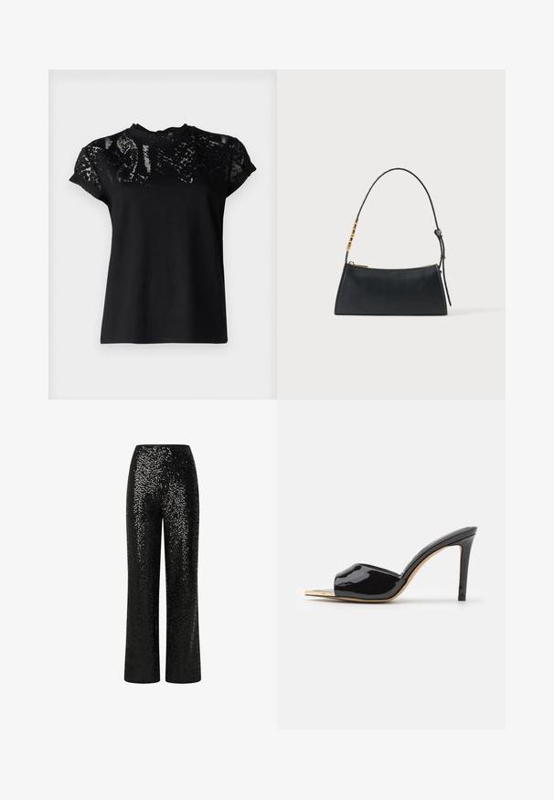 AllSaints ANNA SNAKE TEE - T-shirts print - black; Sorte paljetbukser med lige ben, der har en glat talje og en reflekterende tekstur, hvilket skaber en glitrende effekt.; Sorte lakerede højhælede mules med åben tå, buet design og en slank hæl. Glat tekstur med en reflekterende finish.; Sort læderhåndtaske med en guldlås og justerbar rem med gyldne rektangulære detaljer på en hvid baggrund.