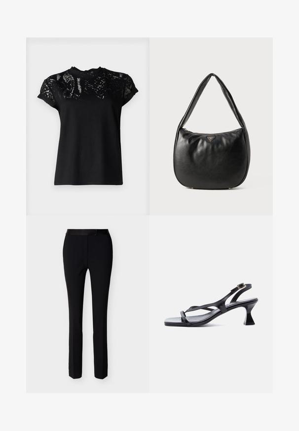AllSaints ANNA SNAKE TEE - T-shirts print - black; Sorte skræddersyede formelle bukser med frontlynlås og linning, designet til et tilpasset og poleret udseende.; Sort lædersandal til kvinder med tynde stropper, firkantet tå, justerbar ankelrem og udvidet mellemhøj hæl.; Sort læder hobo taske med en glat tekstur, en buet form og en lynlåslukning. Har et guldfarvet logoaccent på forsiden.