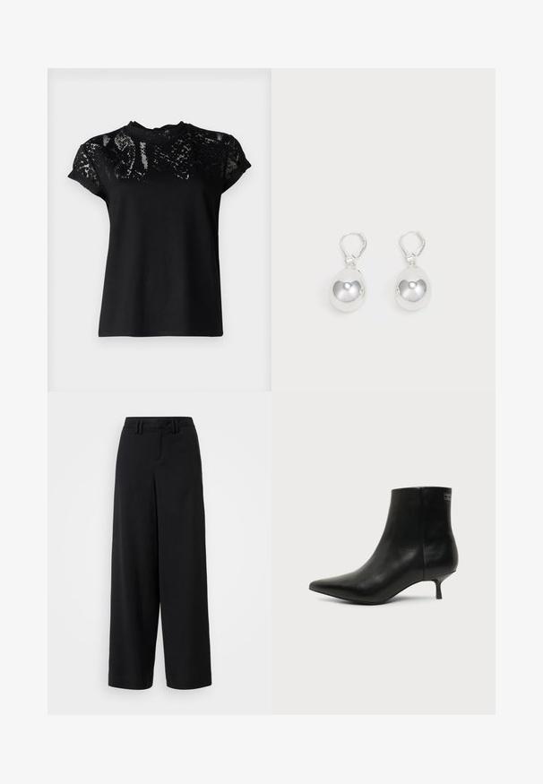 AllSaints ANNA SNAKE TEE - T-shirts print - black; Sorte brede bukser lavet af glat stof, med en flad front, plisserede detaljer og bæltestropper i taljen.; Sort læder ankelstøvle med spids tå og lav kitten hæl på lys baggrund, der viser yderside.; Sølv dråbeøreringe med glatte, runde, reflekterende overflader hængende fra svingelukkede låse. Baggrunden er helt hvid.