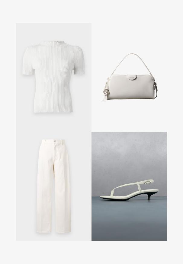 Top blanc à manches courtes côtelé avec un col haut et une finition texturée. Présente des lignes verticales subtiles et une silhouette ajustée.; Pantalons larges blancs en coton, dotés d'une fermeture à bouton à l'avant, de passants de ceinture et d'une coupe droite sans motifs visibles.; Sandale blanche à talon kitten avec des lanières et un bout pointu, flottant au-dessus d'un sol en carrelage en bois en plein air avec un arrière-plan flou de plante et de mur.; Sac à main rectangulaire blanc Calvin Klein avec une seule poignée, design minimaliste et pampilles décoratives avec un charm métallique géométrique sur le côté.