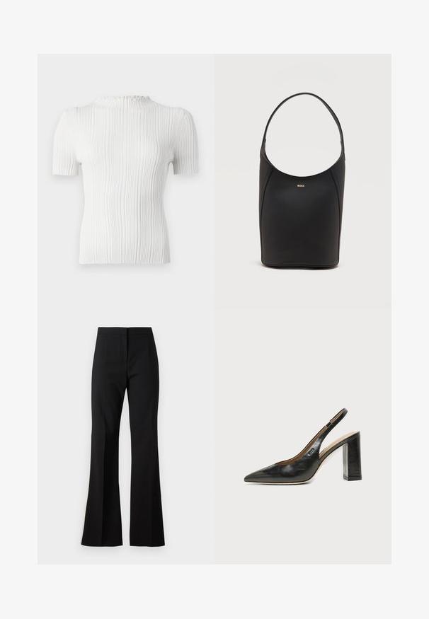 Top blanc à manches courtes côtelé avec un col haut et une finition texturée. Présente des lignes verticales subtiles et une silhouette ajustée.; Pantalon noir évasé en tissu lisse, avec une taille haute, des plis sur le devant et une finition nette aux ourlets.; Chaussure slingback en cuir noir à bout pointu avec un talon bloc haut et une doublure intérieure beige sur un fond clair uni.; Sac seau en cuir noir avec une seule bandoulière et un petit logo BOSS doré centré près du haut à l'avant.