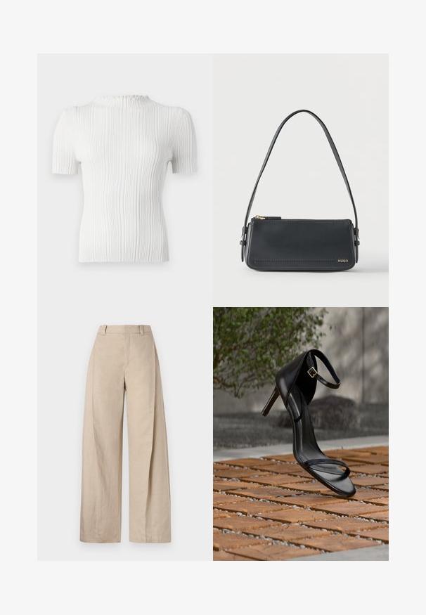 Top blanc à manches courtes côtelé avec un col haut et une finition texturée. Présente des lignes verticales subtiles et une silhouette ajustée.; Pantalons larges en lin beige à taille haute, avec une texture lisse et des lignes épurées, conçus pour un ajustement décontracté.; Sandale noire à talon haut avec sangle à la cheville, suspendue au-dessus d'un sol en carreaux de bois à l'extérieur, avec un arrière-plan flou de verdure et de pierre.; Sac à bandoulière rectangulaire en cuir noir avec fermeture éclair dorée et petit logo "HUGO" doré sur le devant, doté d'une sangle réglable avec boucle.