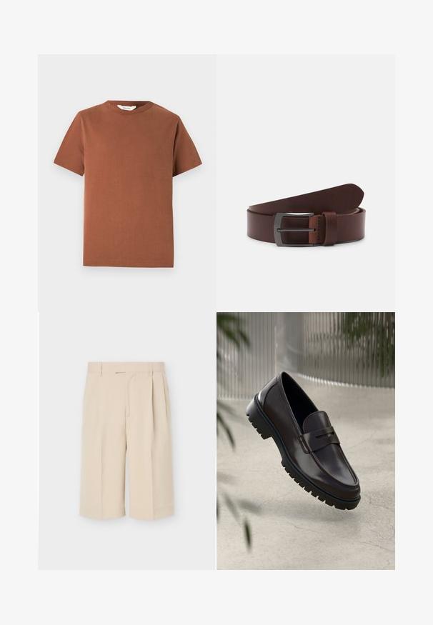 Brun kortærmet t-shirt med rund hals lavet af blød bomuld, med et enkelt design uden synlige mønstre eller dekorationer.; Beige knælange skræddersyede shorts med bæltestropper og forreste folder på en ensartet lys baggrund.; Brune læder loafers med en tekstureret, rippet gummisål. Har et slankt design og et dekorativt bånd over vristen.; Brun læderbælte med en glat tekstur, der har en buet spids og en rektangulær metalspænde i en mørk finish.