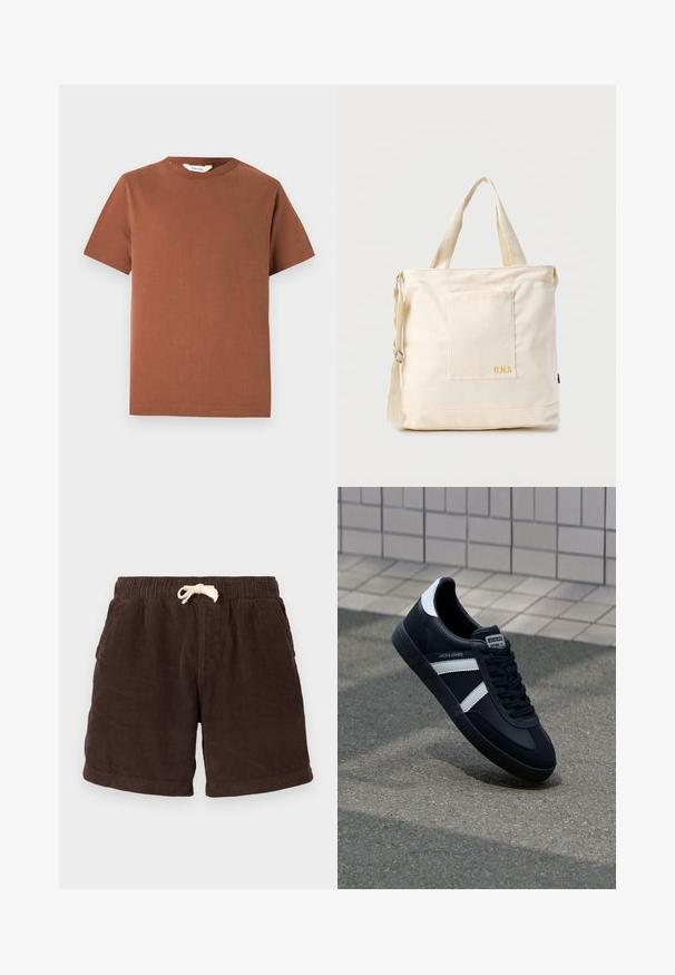 Braunes Kurzarm-T-Shirt mit Rundhalsausschnitt aus weichen Baumwollmaterial, das ein schlichtes Design ohne sichtbare Muster oder Verzierungen aufweist.; Braune Cordshorts mit elastischem Bund, Kordelzugverschluss und seitlichen Taschen. Der Stoff weist vertikale Rippungen und eine strukturierte Oberfläche auf.; Schwarze Leder-Sneaker mit weißen Streifen, strukturiertem Gummisohle und Schnürung. Verfügt über ein Markenetikett auf der Zunge.; Beige Canvas-Shopper mit Fronttasche, zwei Griffen, verstellbarem Schulterriemen und kleinem gelbem "O.N.S"-Text unten rechts auf der Tasche.